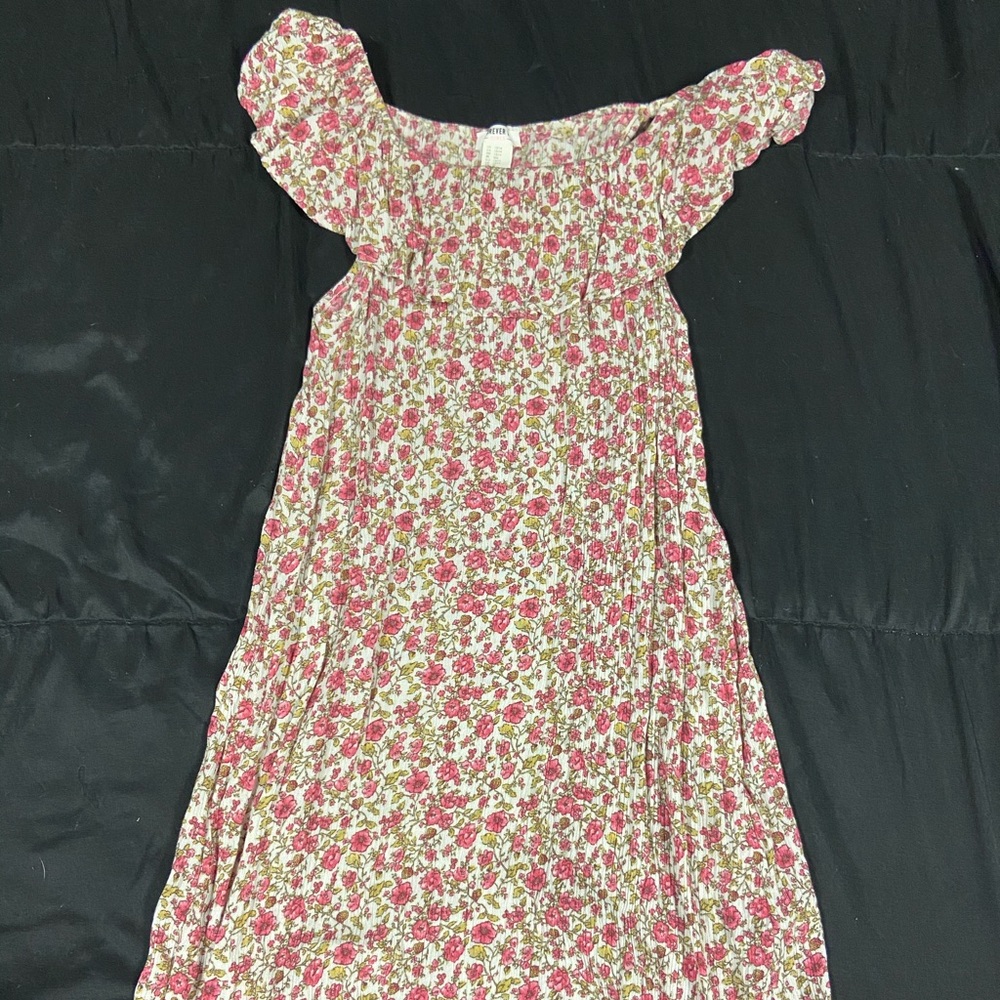 Floral white dress with pink flowers.